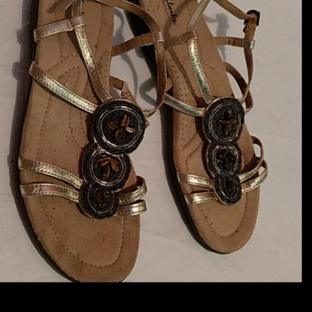 Clarks Gold Gladiator Sandals with Circular Embellishments